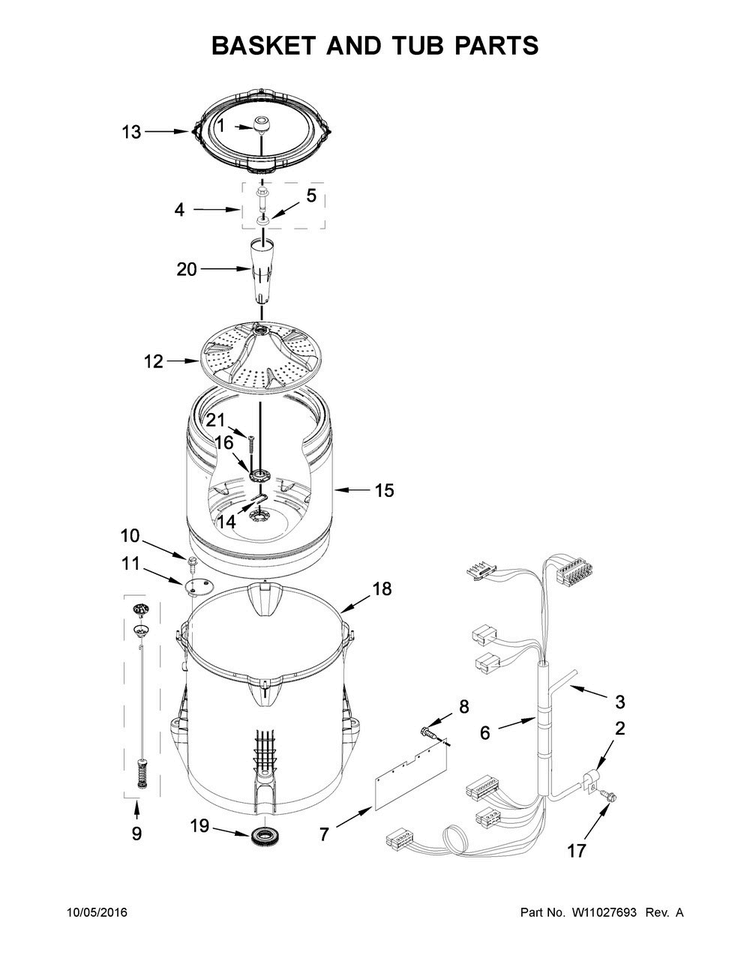 Basket And Tub Parts Diagram and Parts List for 4KWTW4845FW0  Whirlpool Washer