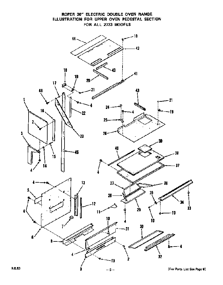 Upper Oven Pedestal Diagram and Parts List for 2733*0A  Roper Range