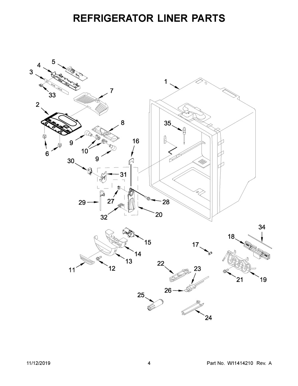 Refrigerator Liner Parts Diagram and Parts List for WRFA35SWHN02  Whirlpool Refrigerator