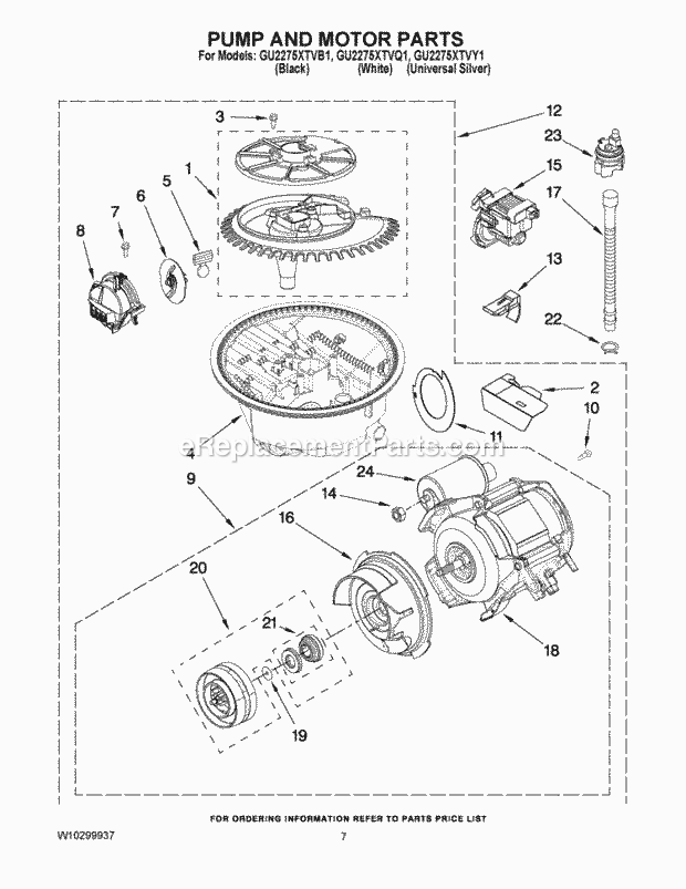 PUMP AND MOTOR PARTS Diagram and Parts List for GU2275XTVY1  Whirlpool Dishwasher