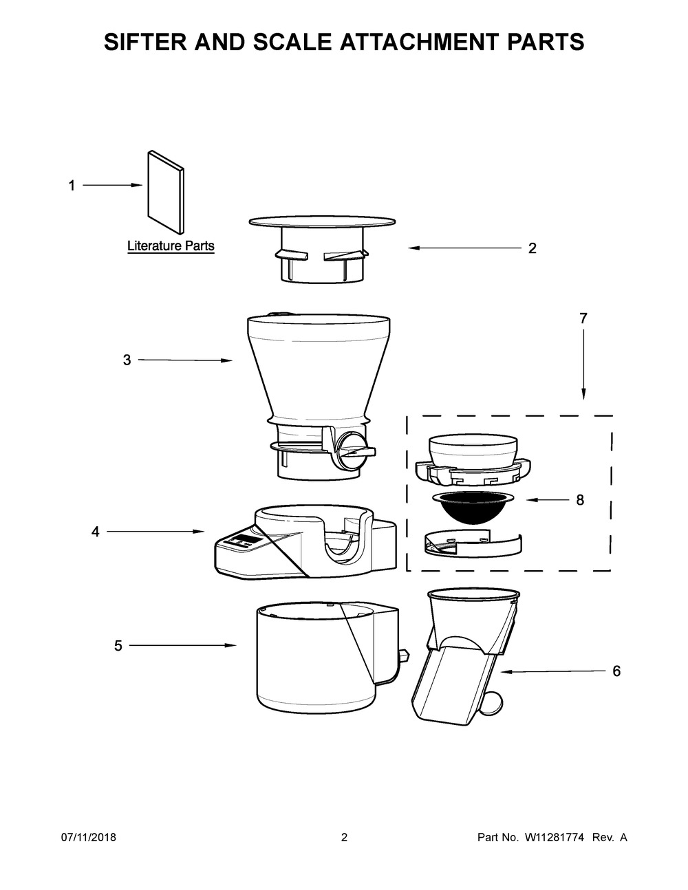 Sifter And Scale Attachment Parts Diagram and Parts List for KSMSFTA0  Whirlpool Mixer