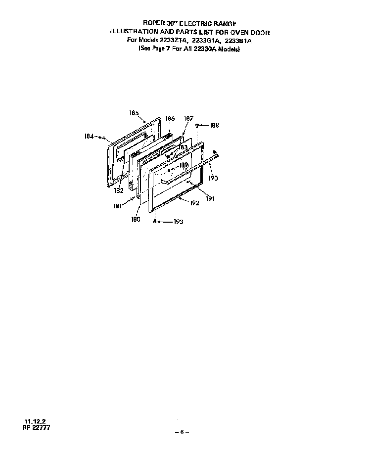 Oven Door Diagram and Parts List for 2233*1A  Roper Range