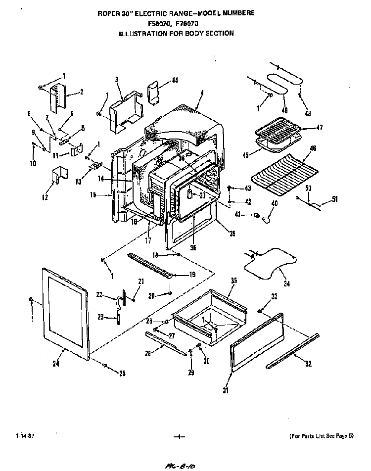 Body Diagram and Parts List for F7607*0  Roper Range