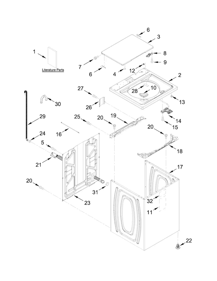 Top And Cabinet Parts Diagram and Parts List for 11025132411  Kenmore Washer