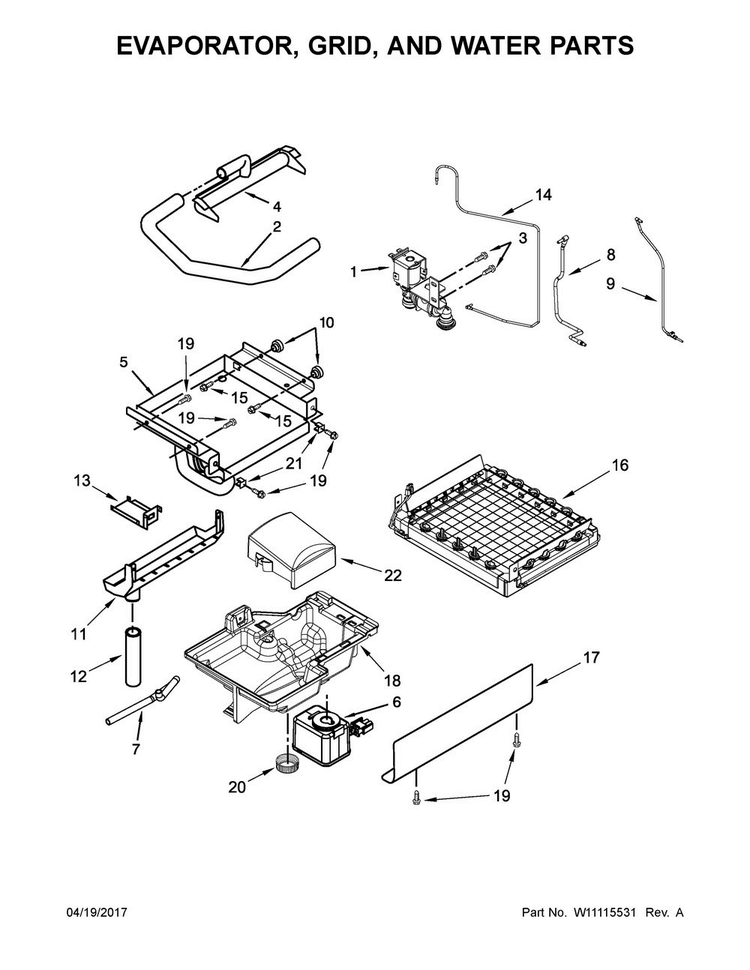 Evaporator, Grid, And Water Parts Diagram and Parts List for KUIS18PNZW2  KitchenAid Ice Maker