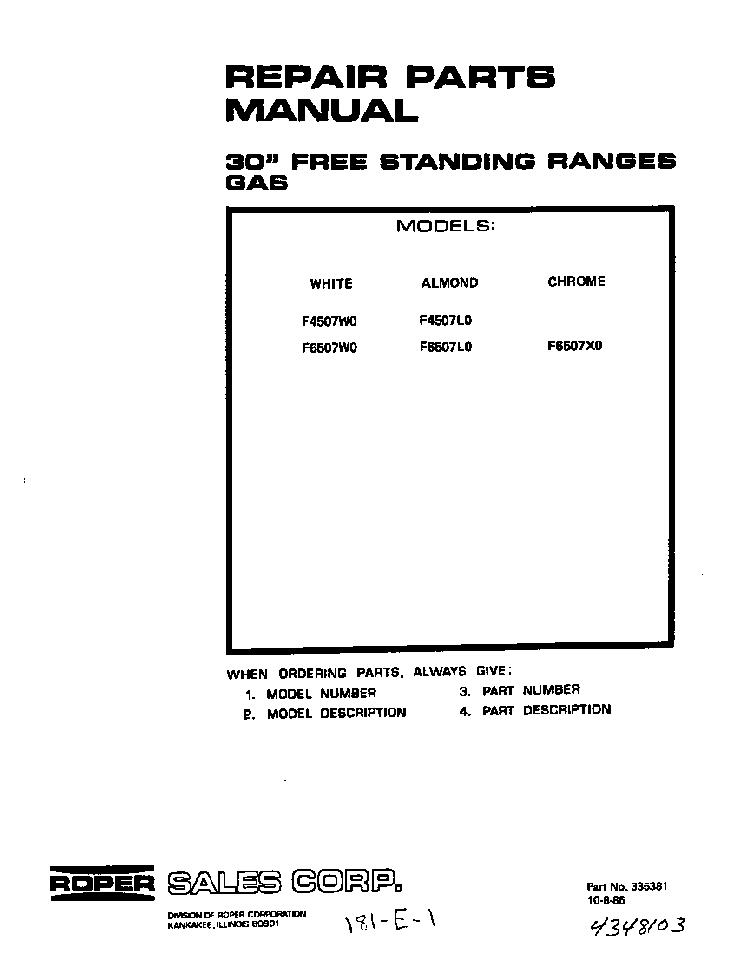 Front Cover Diagram and Parts List for F6507*0  Roper Range