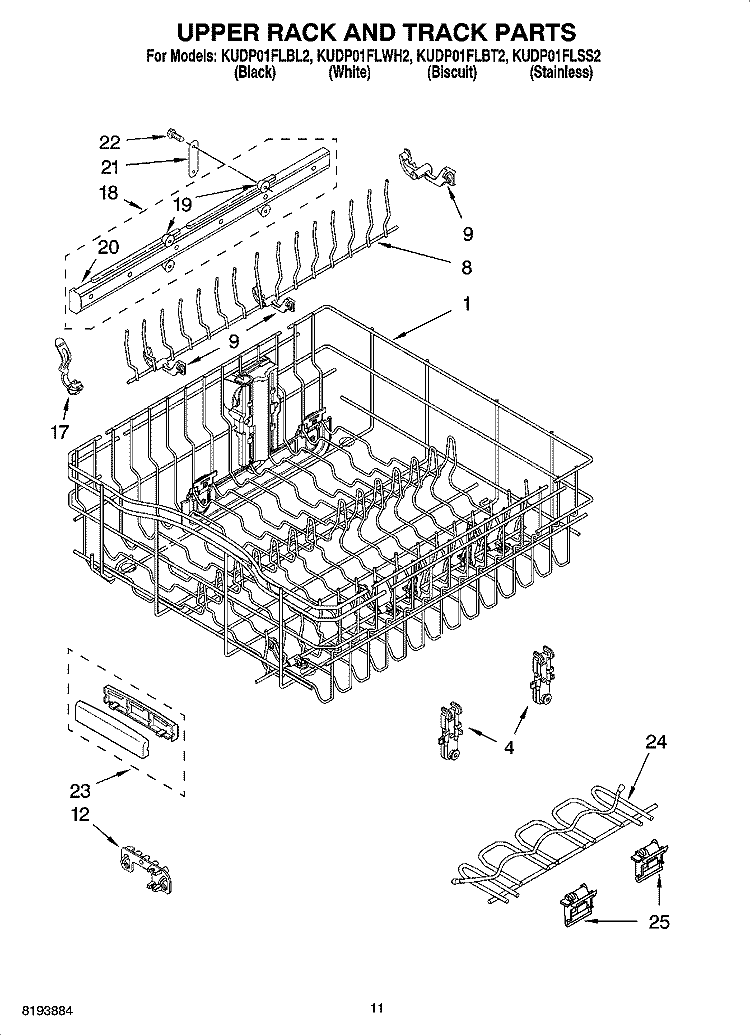 UPPER RACK AND TRACK PARTS Diagram and Parts List for KUDP01FLBL2  KitchenAid Dishwasher