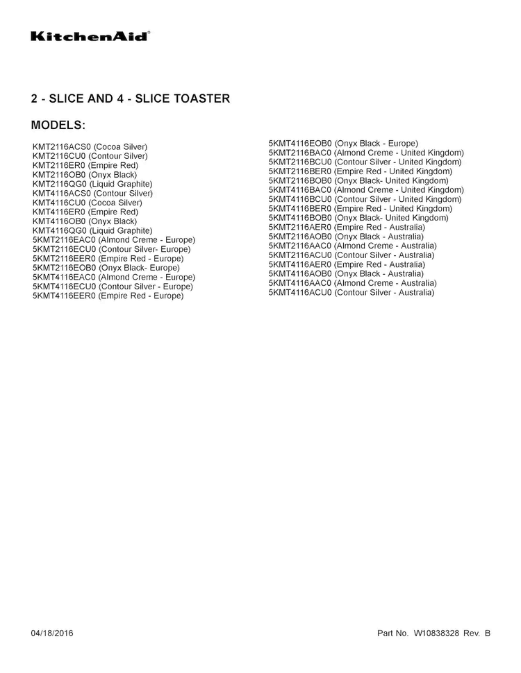 Cover Sheet Diagram and Parts List for 5KMT4116BCU0  KitchenAid Toaster
