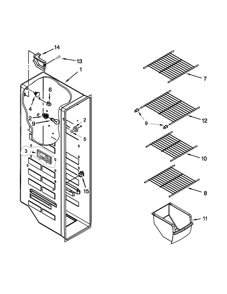 Freezer Liner Parts Diagram and Parts List for 5WRS22KNBF00  Whirlpool Refrigerator