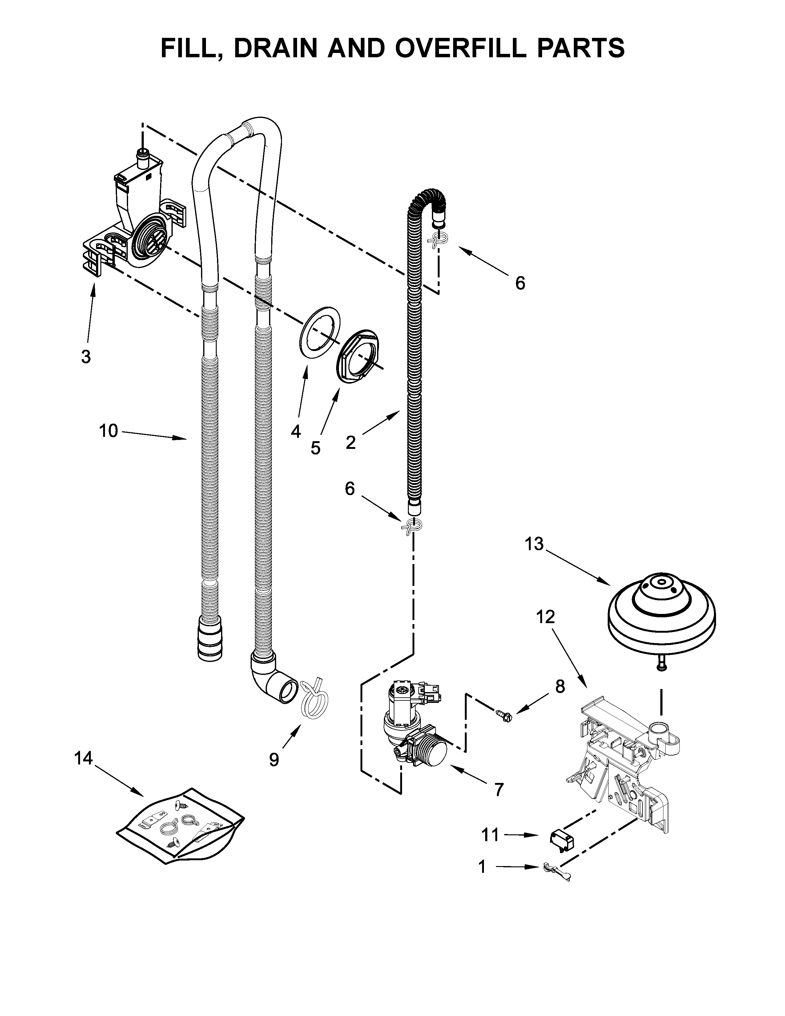 Fill, Drain And Overfill Parts Diagram and Parts List for 66517389N710  Kenmore Dishwasher