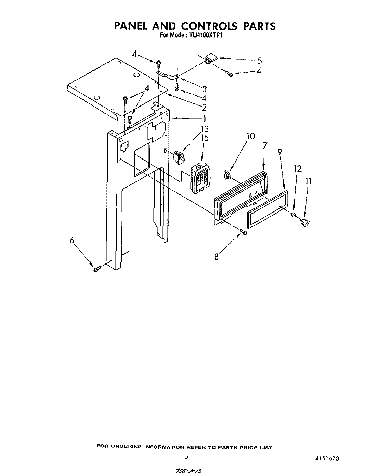 PANEL AND CONTROLS Diagram and Parts List for TU4100XTP1  Whirlpool Trash Compactor