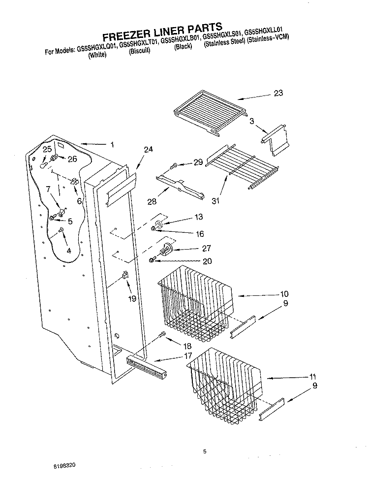 FREEZER LINER PARTS Diagram and Parts List for GS5SHGXLQ01  Whirlpool Refrigerator