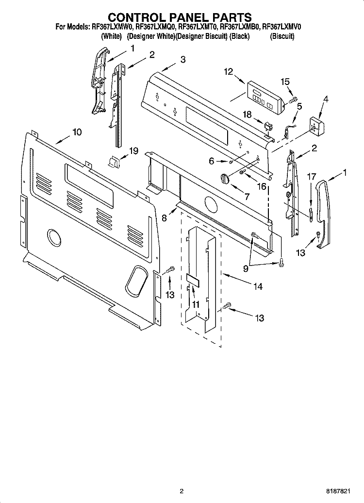 CONTROL PANEL PARTS Diagram and Parts List for RF367LXMB0  Whirlpool Range