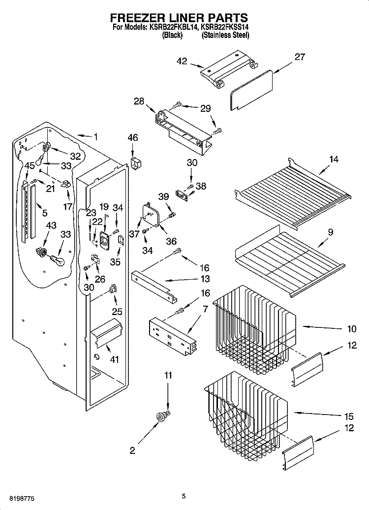 FREEZER LINER PARTS Diagram and Parts List for KSRB22FKSS14  KitchenAid Refrigerator