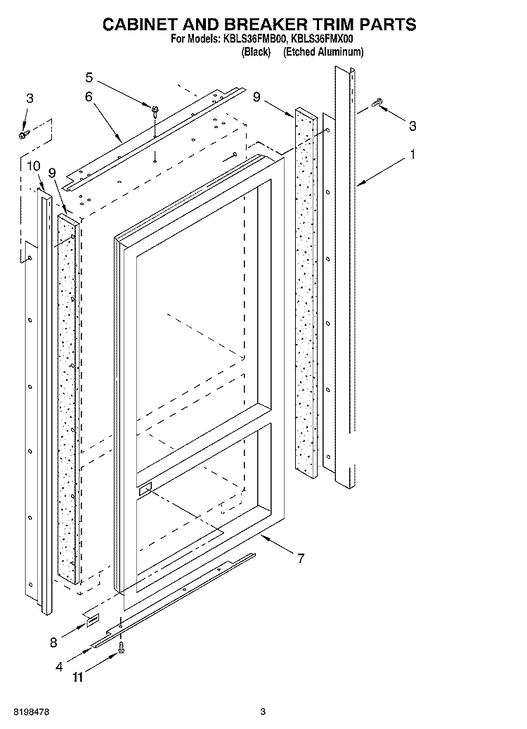 CABINET AND BREAKER TRIM PARTS Diagram and Parts List for KBLS36FMX00  KitchenAid Refrigerator