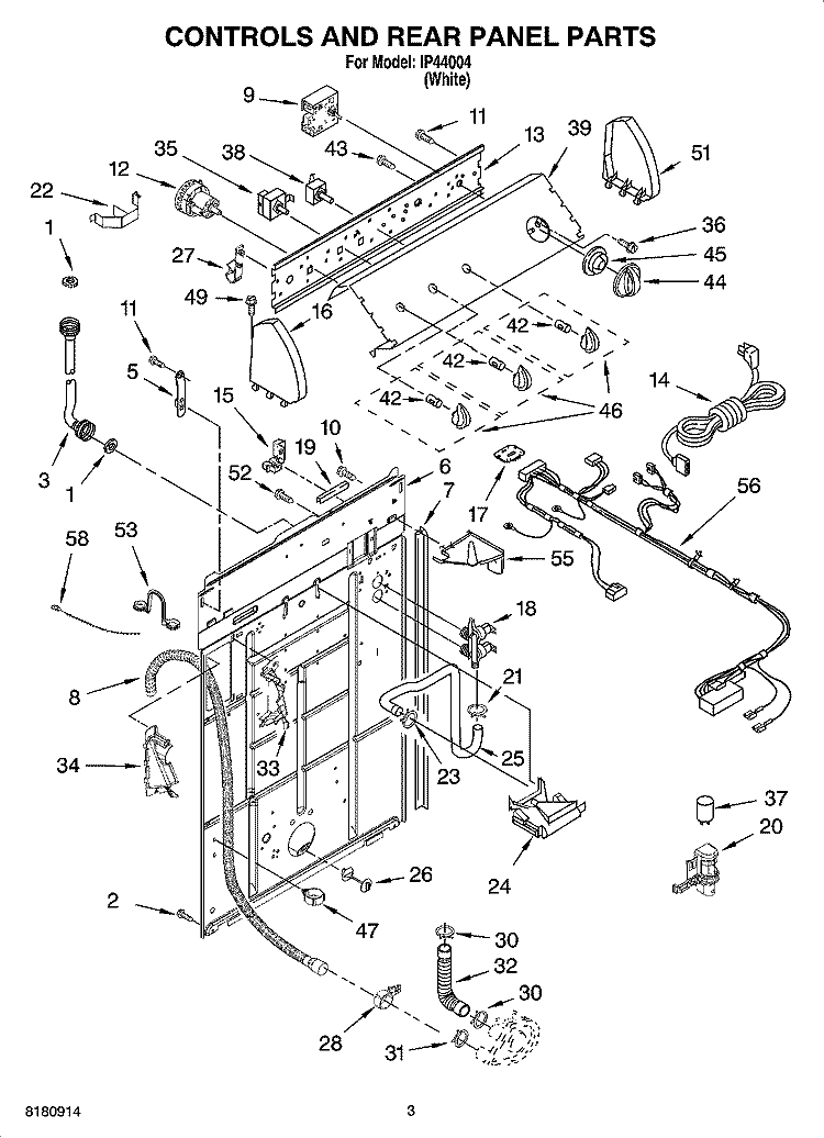 CONTROLS AND REAR PANEL PARTS Diagram and Parts List for IP44004  Inglis Washer