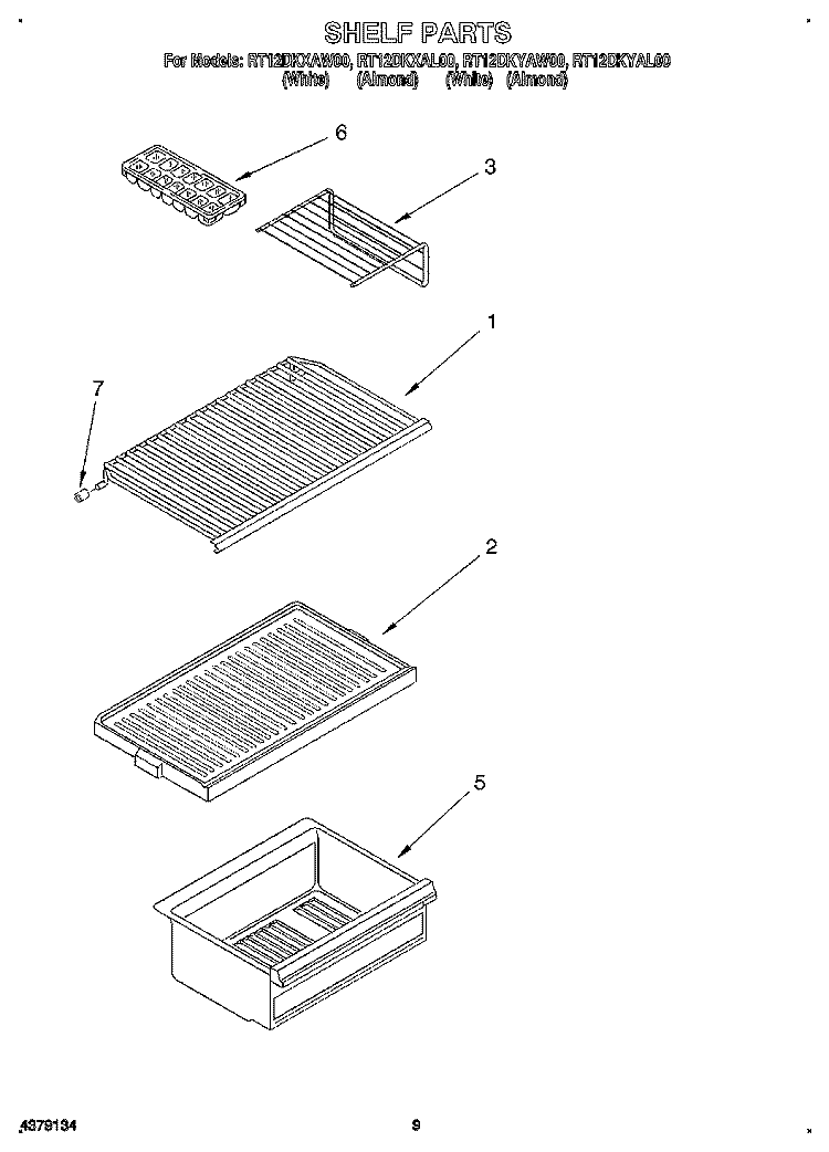 SHELF Diagram and Parts List for RT12DKYAW00  Roper Refrigerator