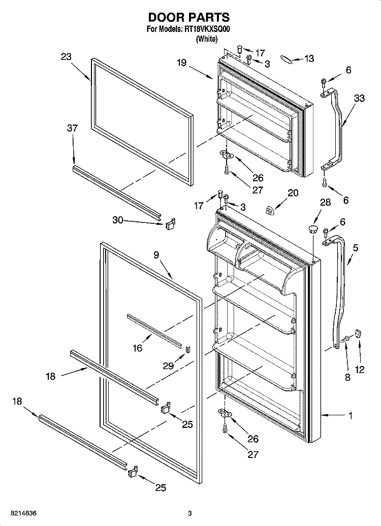 DOOR PARTS Diagram and Parts List for RT18VKXSQ00  Roper Refrigerator