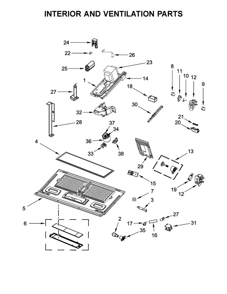 Interior And Ventilation Parts Diagram and Parts List for WMH73521CE3  Whirlpool Microwave