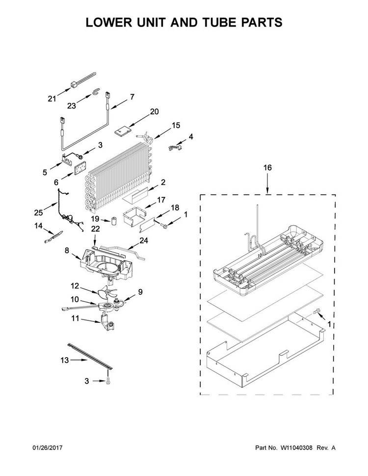 Lower Unit And Tube Parts Diagram and Parts List for KBFN406EPA01  KitchenAid Refrigerator