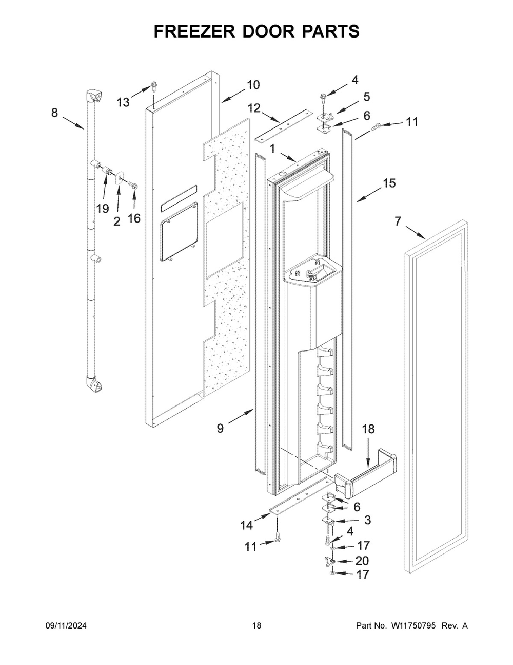 10 - Freezer Door Parts Diagram and Parts List for JBSS42E22L01  Whirlpool Refrigerator