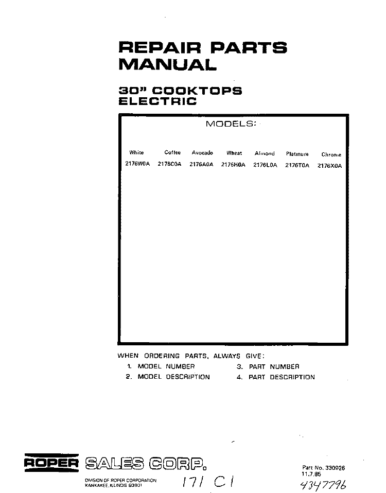 SECTION Diagram and Parts List for 2176^0A  Whirlpool Cooktop