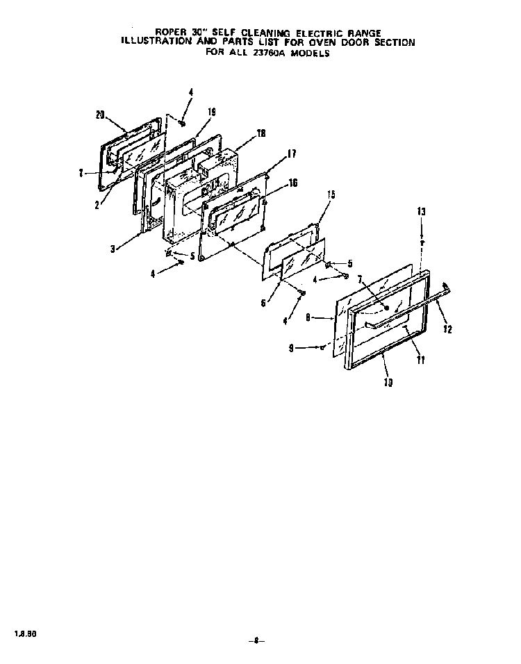 Oven Door Diagram and Parts List for 2376*0A  Roper Range