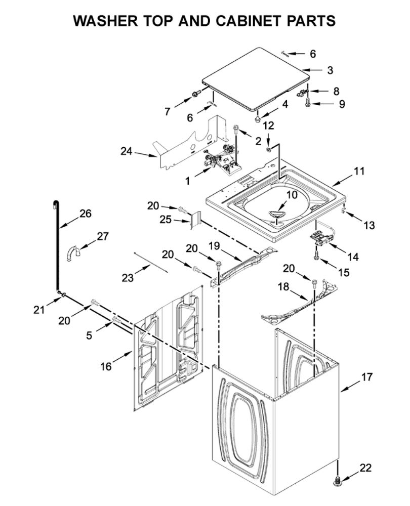 Washer Top And Cabinet Parts Diagram and Parts List for 7MWGT4027HW1  Whirlpool Washer Dryer Combo