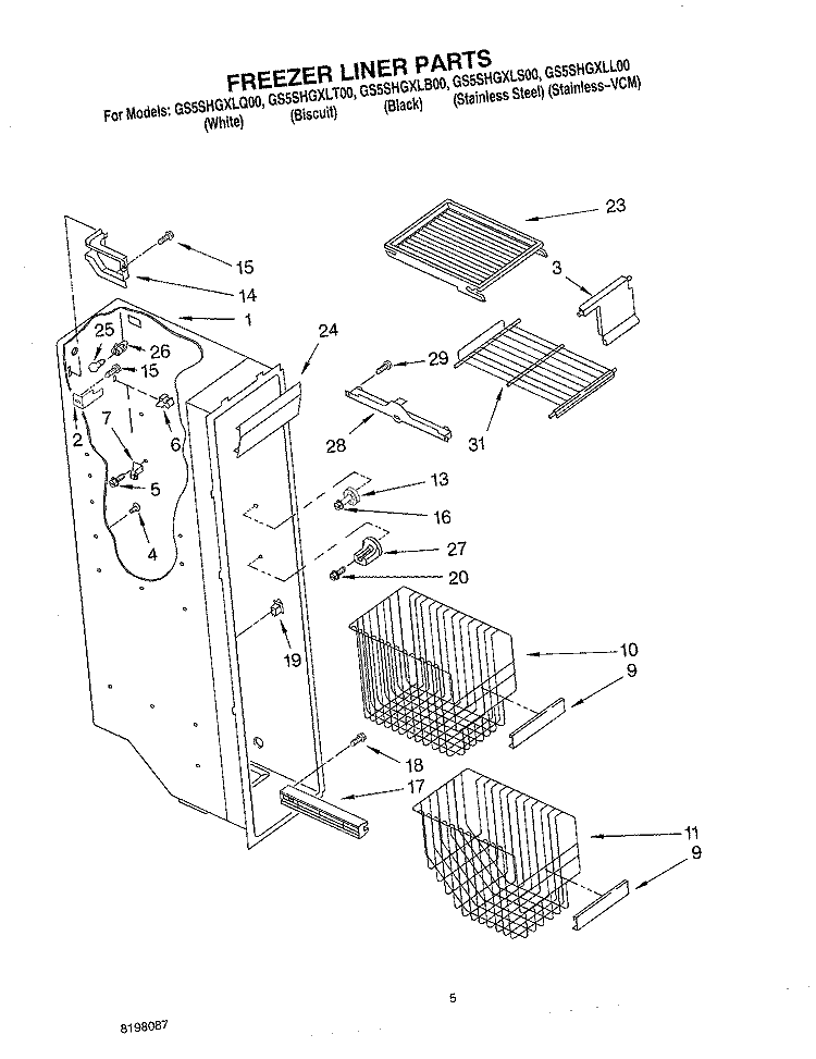 FREEZER LINER Diagram and Parts List for GS5SHGXLQ00  Whirlpool Refrigerator