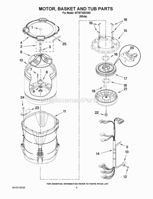 Motor, Basket And Tub Parts Diagram and Parts List for WTW7300XW0  Whirlpool Washer