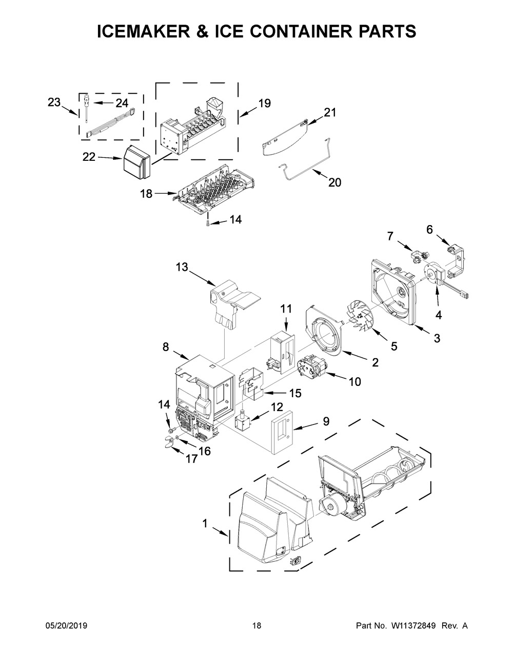 Icemaker & Ice Container Parts Diagram and Parts List for WRX735SDHZ01  Whirlpool Refrigerator
