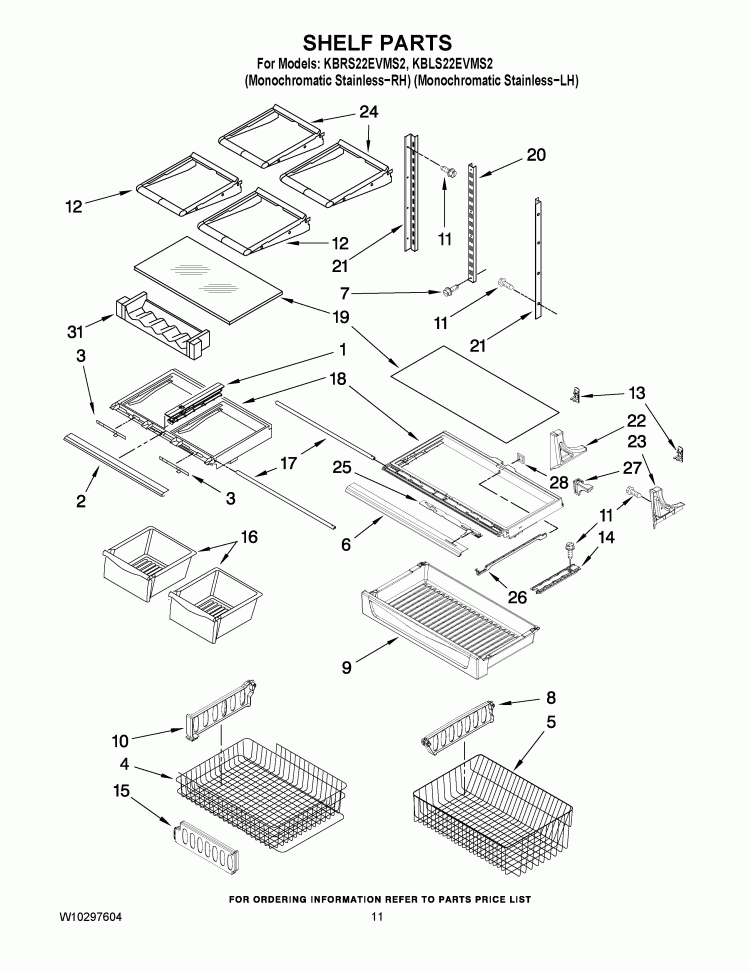 SHELF PARTS Diagram and Parts List for KBLS22EVMS2  KitchenAid Refrigerator