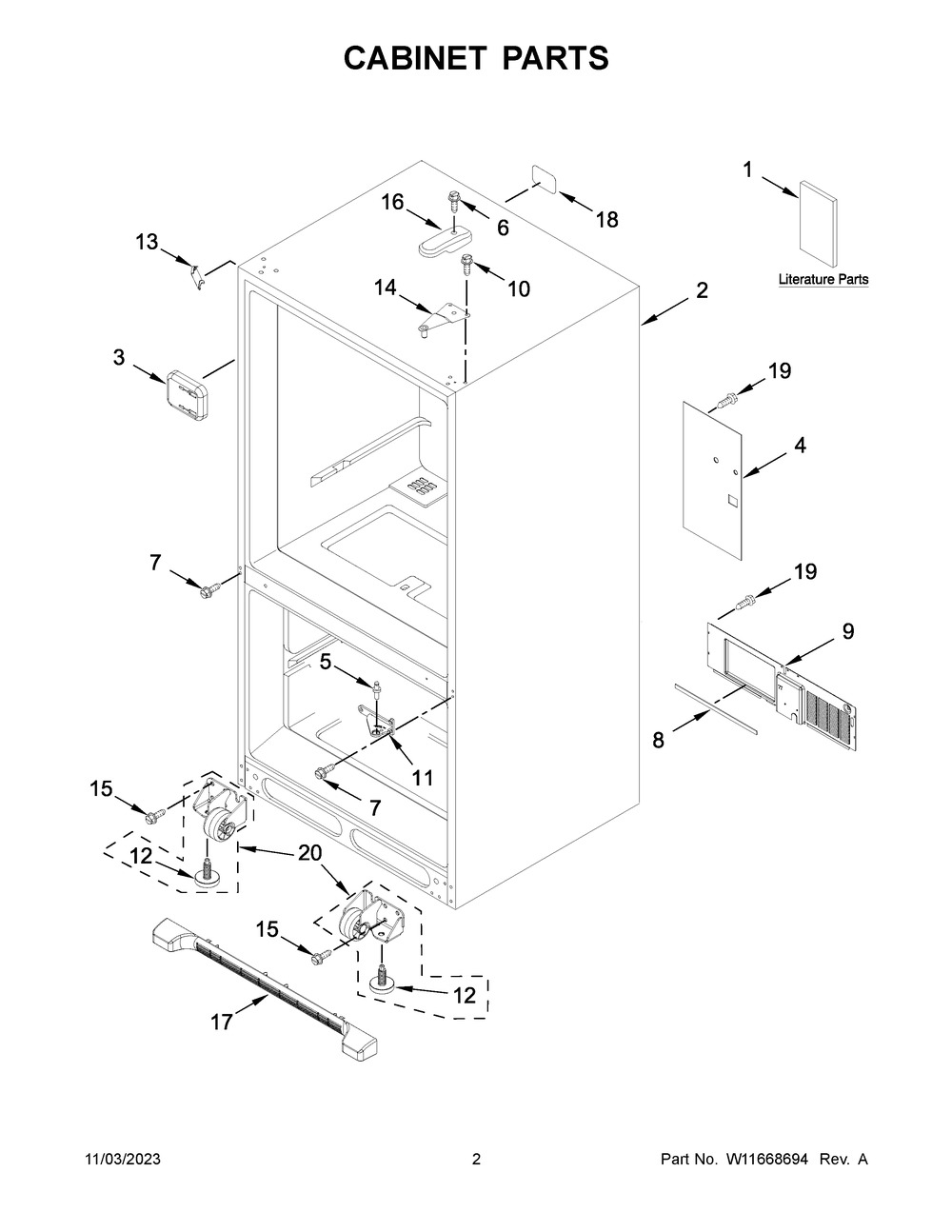 Cabinet Parts Diagram and Parts List for WRB329DFBW05  Whirlpool Refrigerator