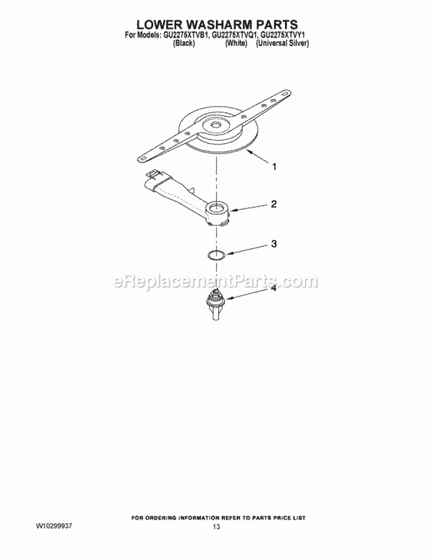 LOWER WASHARM PARTS Diagram and Parts List for GU2275XTVY1  Whirlpool Dishwasher