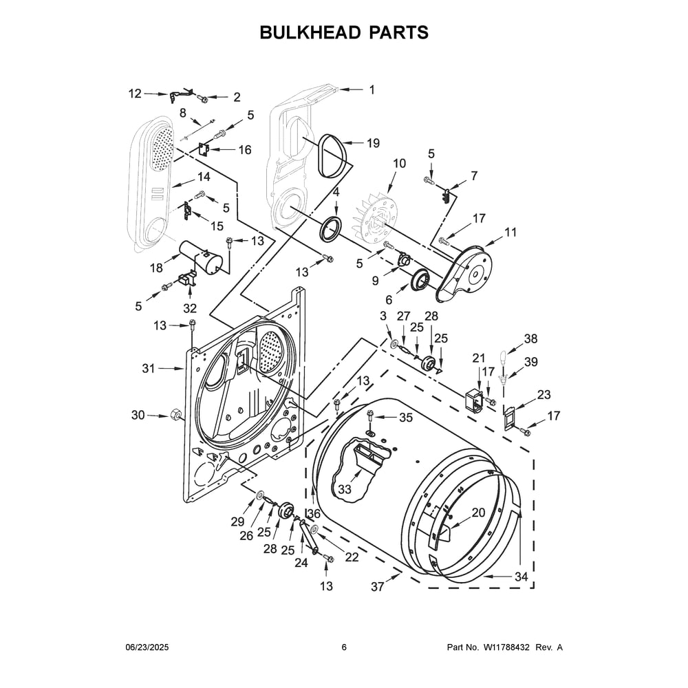 Bulkhead Parts Diagram and Parts List for WGD4105LSW0  Whirlpool Dryer