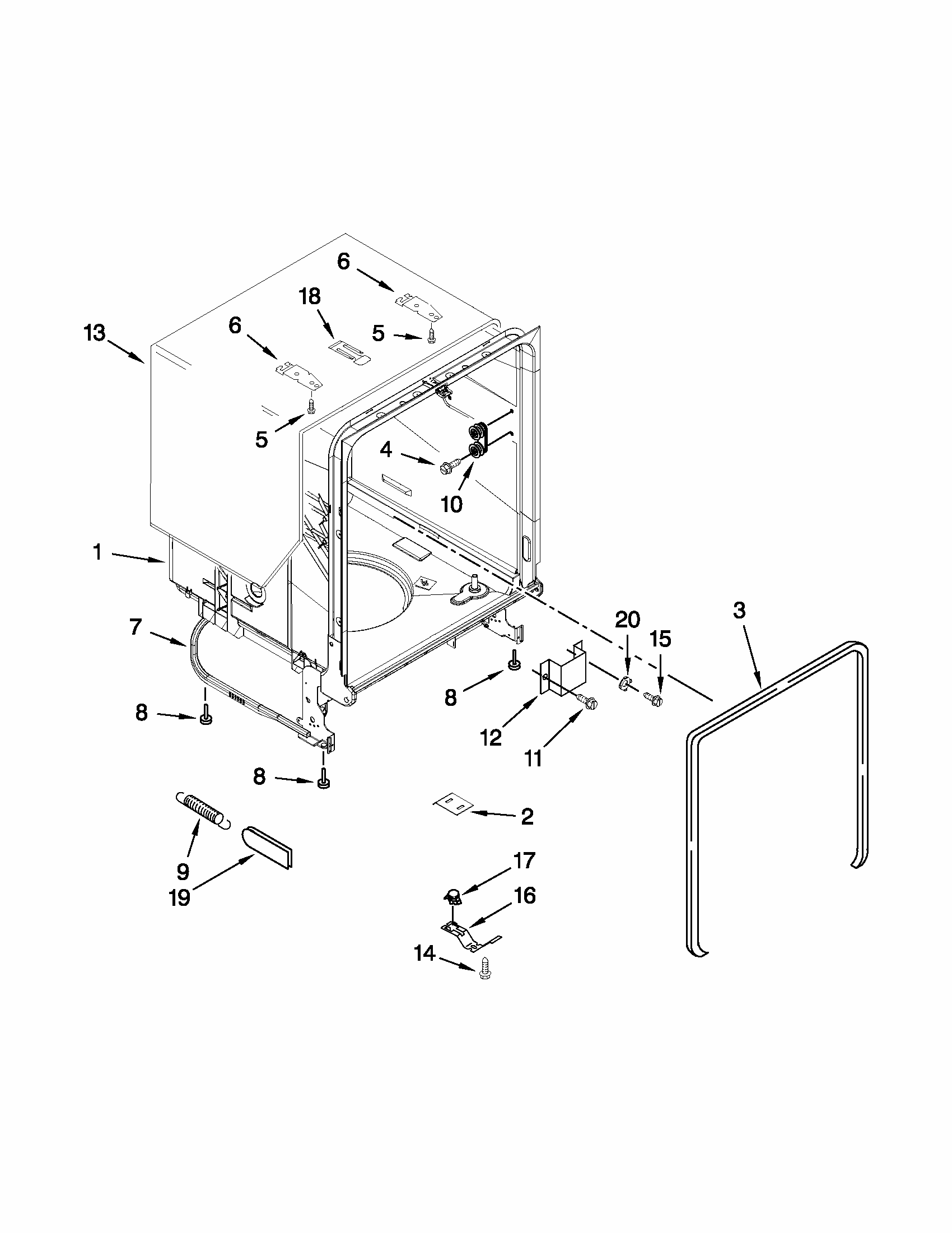 Tub And Frame Parts Diagram and Parts List for 66513073K212  Kenmore Dishwasher