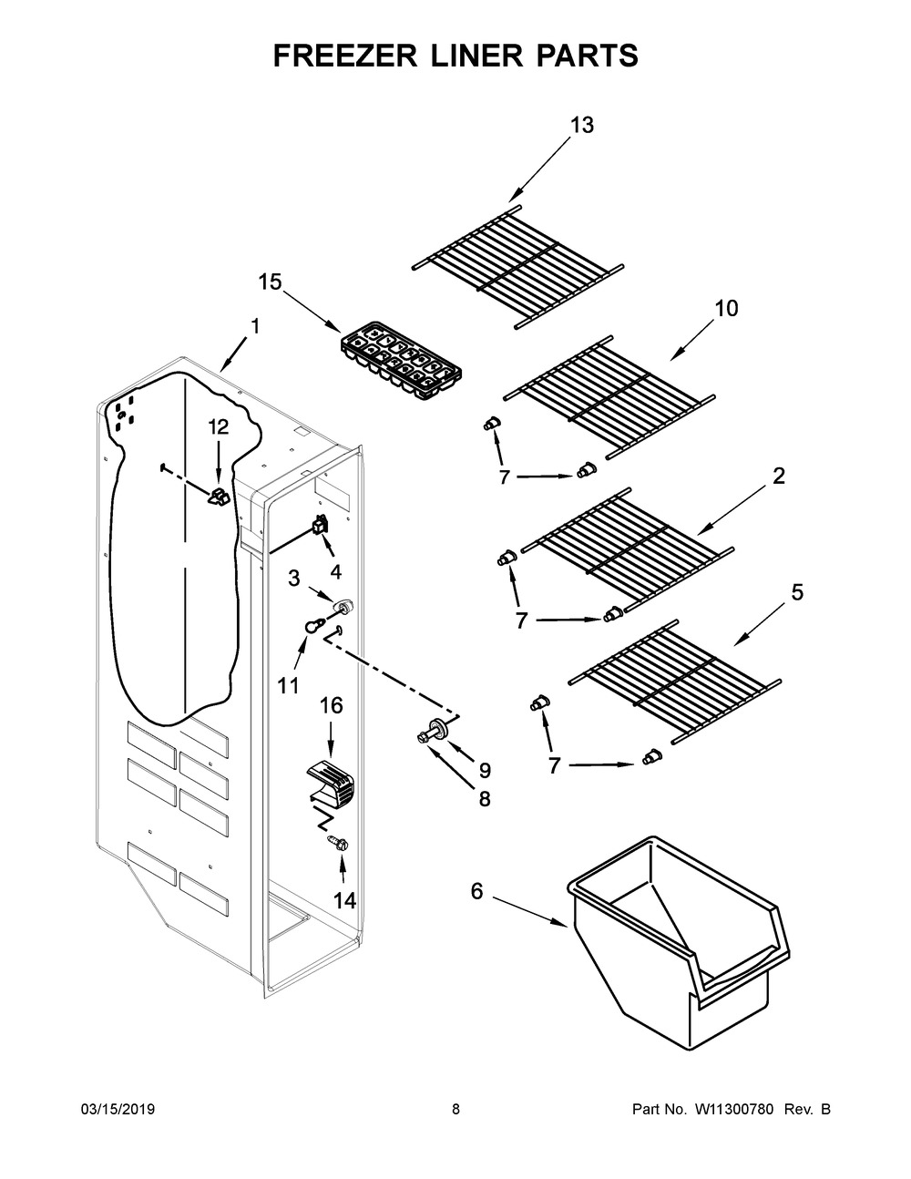 Freezer Liner Parts Diagram and Parts List for WRS312SNHM01  Whirlpool Refrigerator