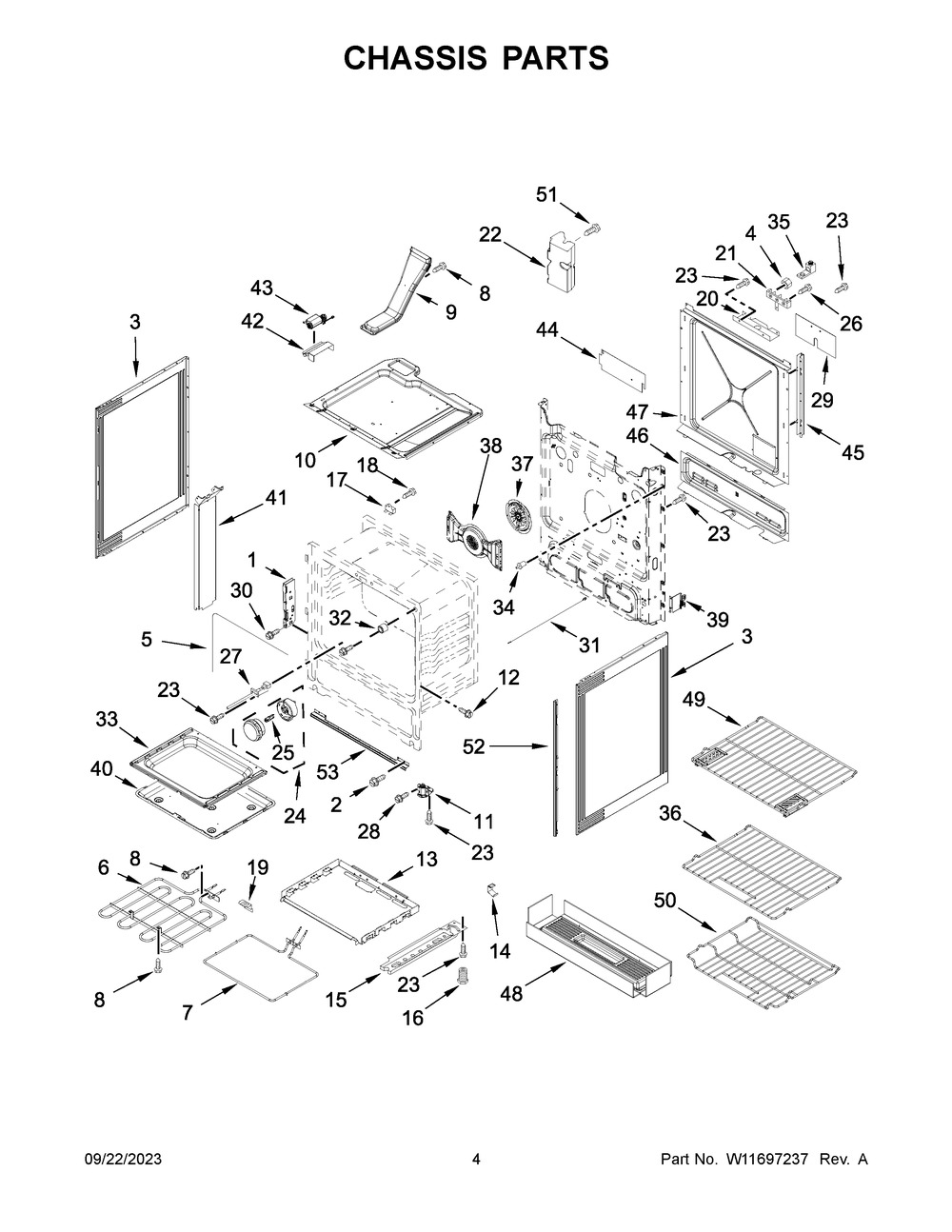 Chassis Parts Diagram and Parts List for KSEG700ESS7  KitchenAid Range
