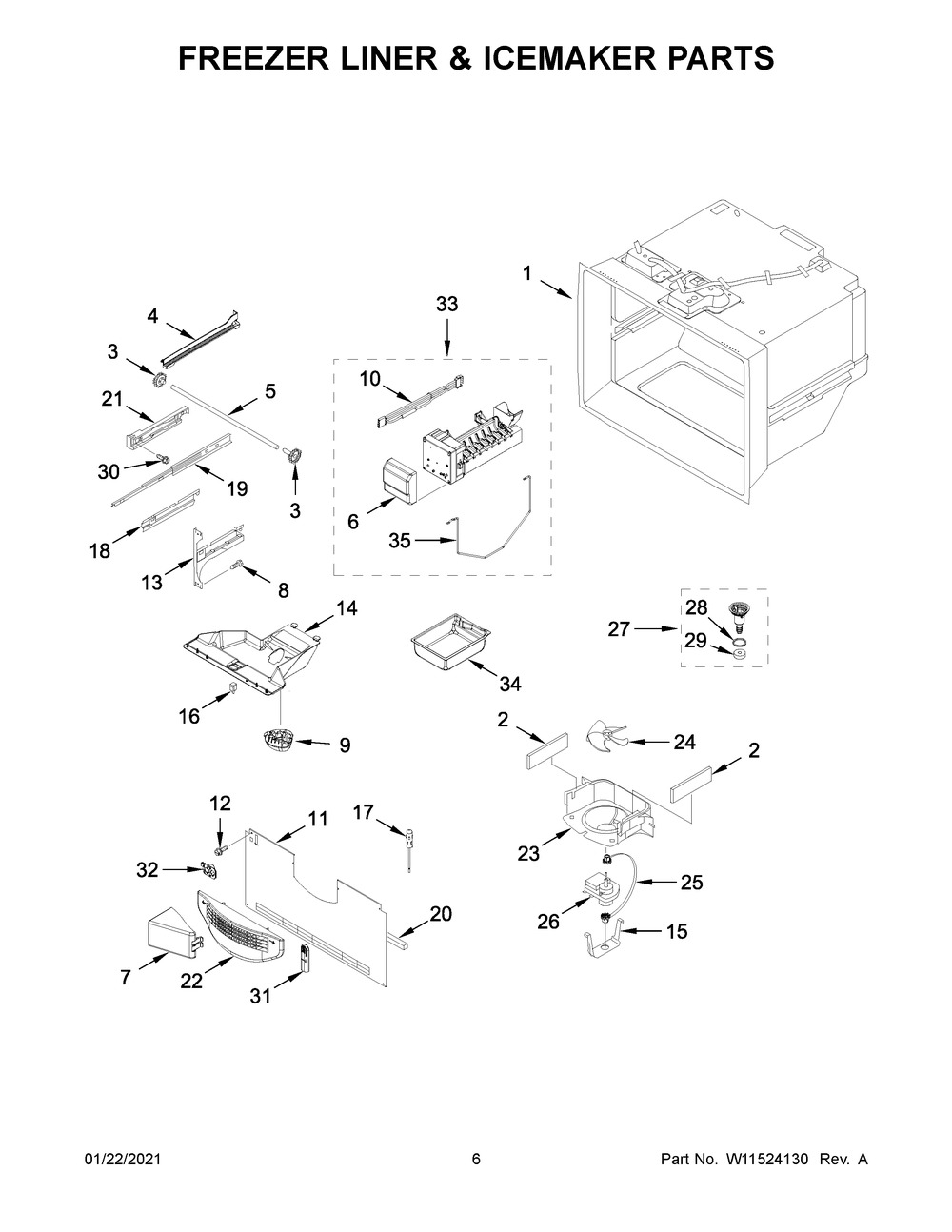Freezer Liner And Icemaker Parts Diagram and Parts List for MFC2062FEZ05  Whirlpool Refrigerator