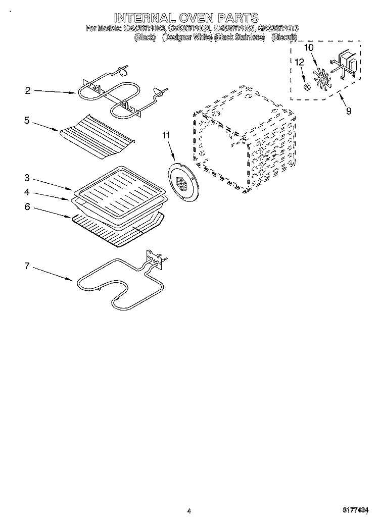 INTERNAL OVEN Diagram and Parts List for GBS307PDB3  Whirlpool Wall Oven