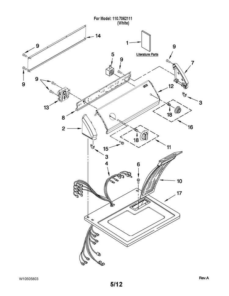 Top And Console Parts Diagram and Parts List for 1107062111  Kenmore Dryer