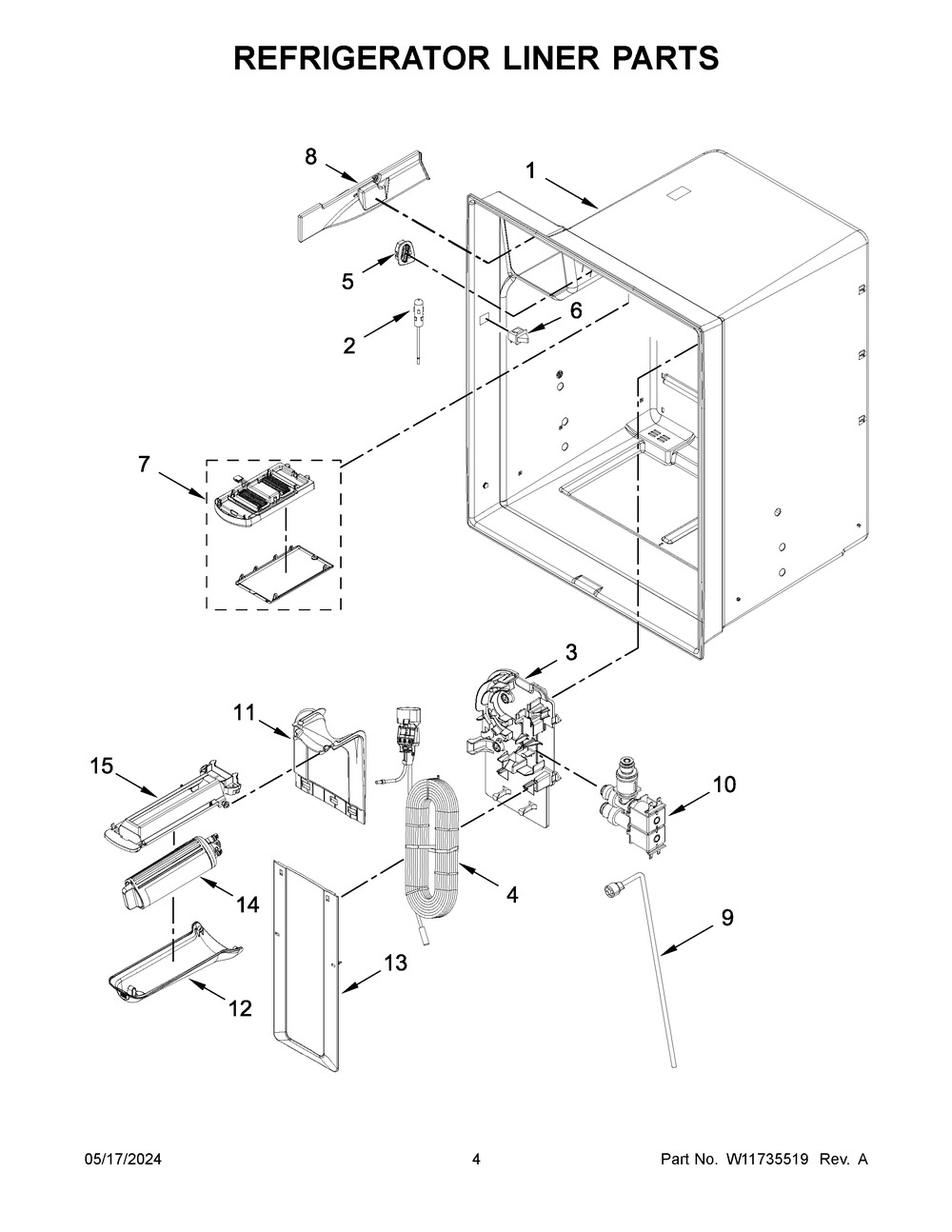 Refrigerator Liner Parts Diagram and Parts List for WRF555SDHW10  Whirlpool Refrigerator