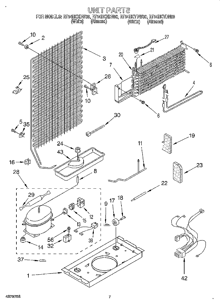 UNIT Diagram and Parts List for RT14DKYDN00  Roper Refrigerator