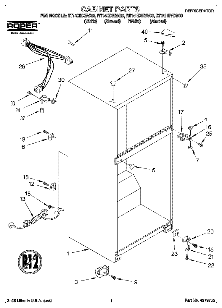 CABINET Diagram and Parts List for RT14HDYDW00  Roper Refrigerator