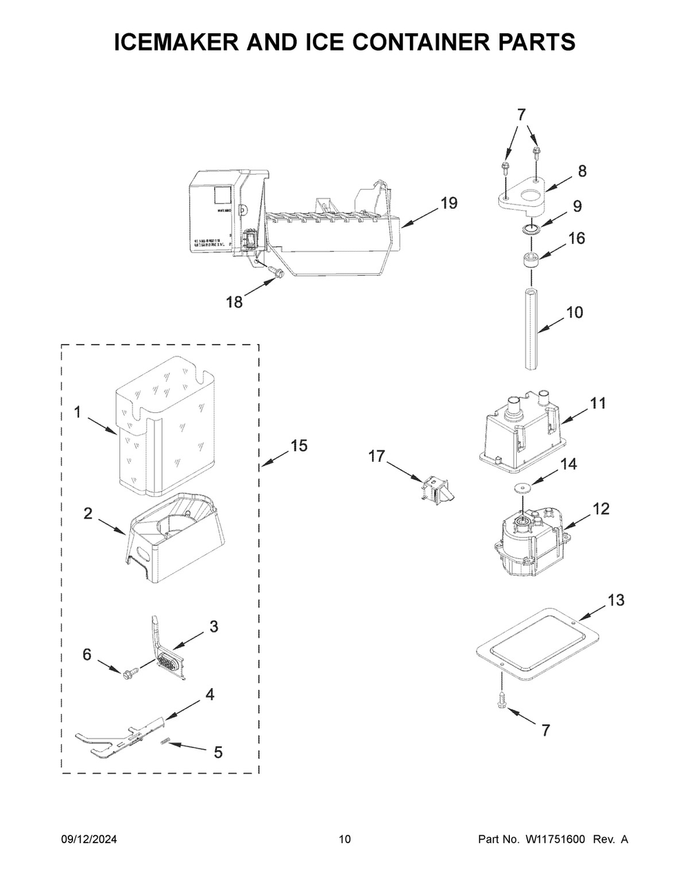 06 - Icemaker And Ice Container Parts Diagram and Parts List for KBSD708MBS01  Whirlpool Refrigerator