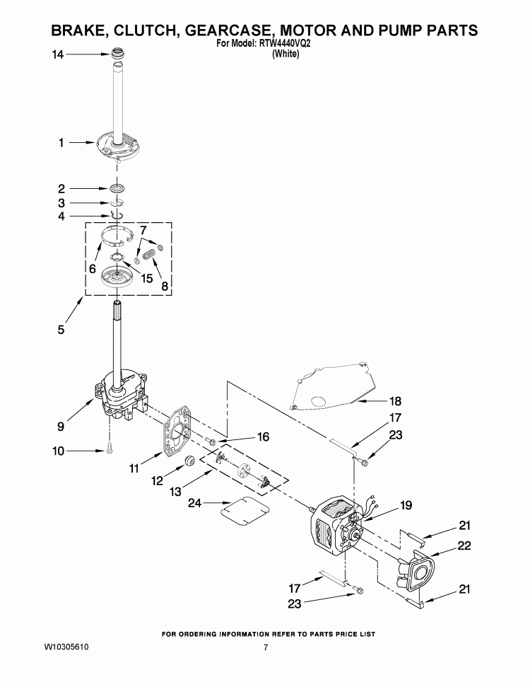 BRAKE, CLUTCH, GEARCASE, MOTOR AND PUMP PARTS Diagram and Parts List for RTW4440VQ2  Roper Washer