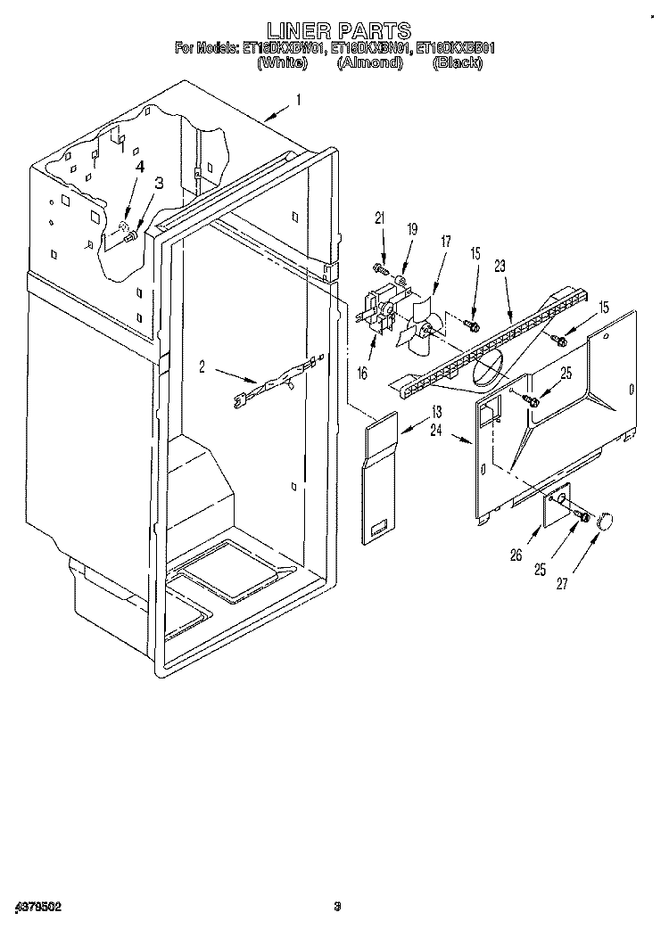 LINER Diagram and Parts List for ET18DKXBB01  Whirlpool Refrigerator