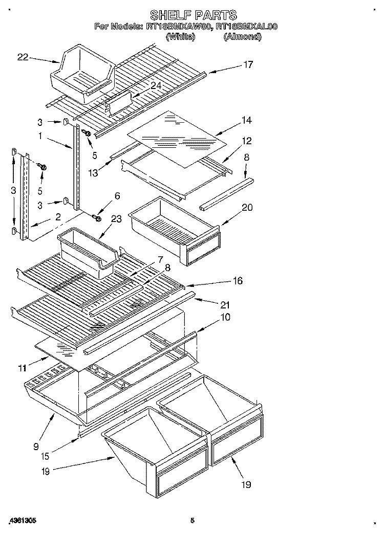 SHELF Diagram and Parts List for RT18BMXAW00  Roper Refrigerator
