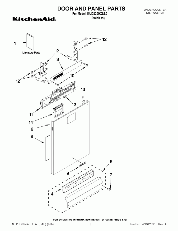 DOOR AND PANEL PARTS Diagram and Parts List for KUDS30HXSS0  KitchenAid Dishwasher