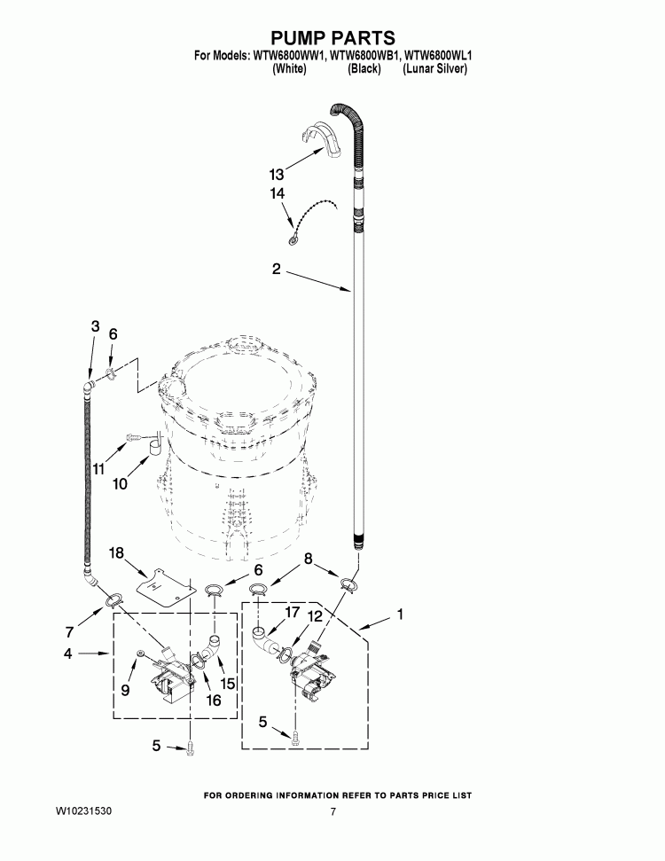 PUMP PARTS Diagram and Parts List for WTW6800WW1  Whirlpool Washer